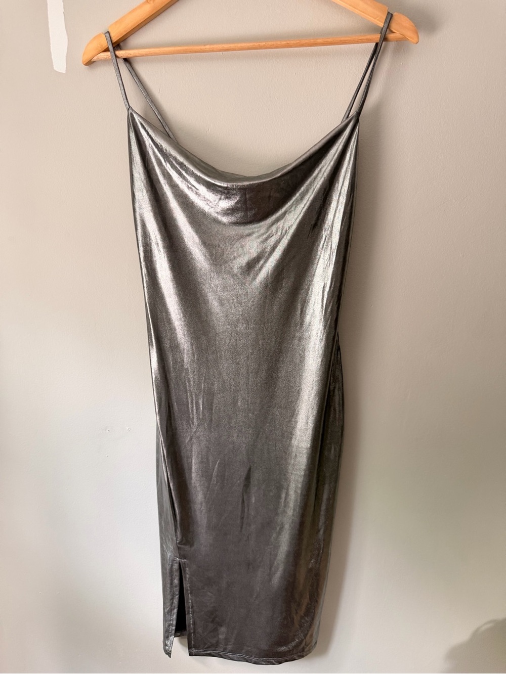 Metallic Silver Cowl Neck Slip Dress
